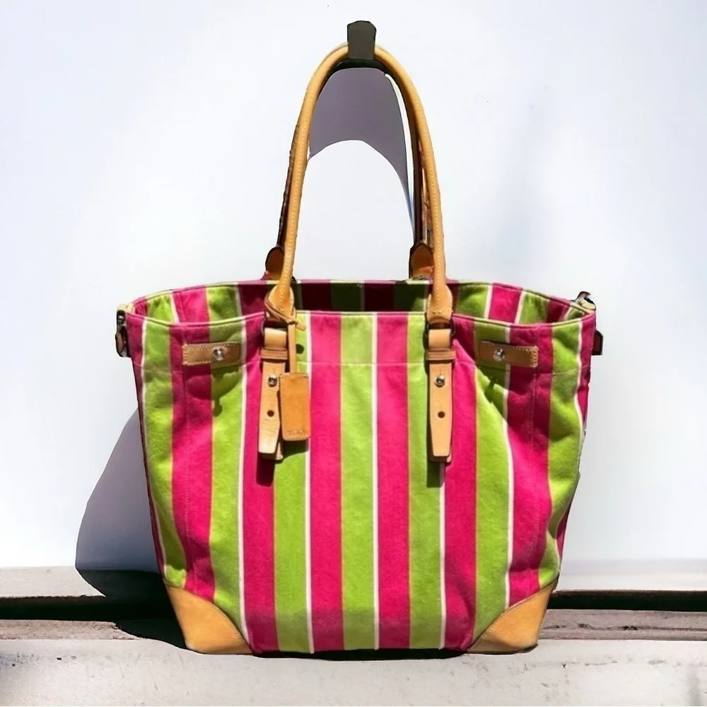 🌻Tumi Hot Pink & Neon Green Leather & Picclic Fabric Tote Bag Size Large